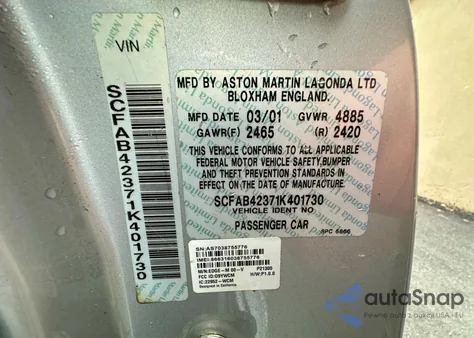 2001 Aston Martin Db7 Vantage z USA, uszkodzony, nr VIN SCFAB42371K401730